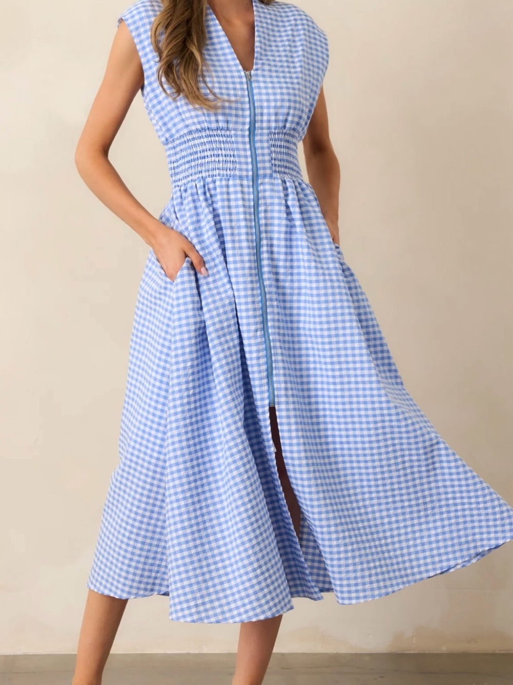Blue Gingham Zip-Front Midi Dress
